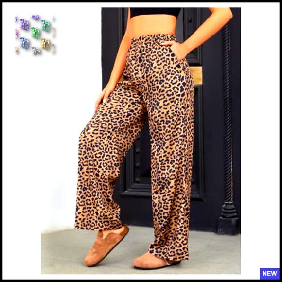Leopard Print Wide Leg Palazzo Pants Elastic High Waist Casual Chic Y2K - Picture 3 of 6